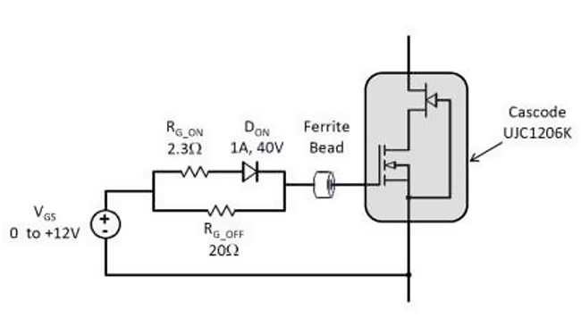 schematic showing addition of a diode enables separate control of SiC cascode on and off times